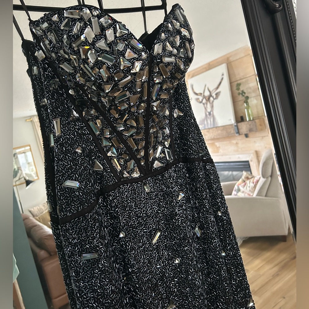 Sherri Hill Black Beaded Strapless Dress With Train